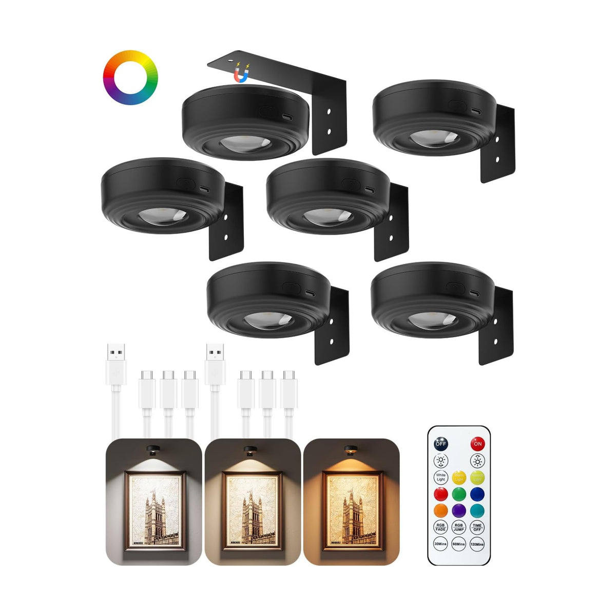 3.3" Picture Lights for Wall Spotlight, 2000mAh Rechargeable, 6Pack, Black | RGB & 3-Color-Temp丨Remote & Touch