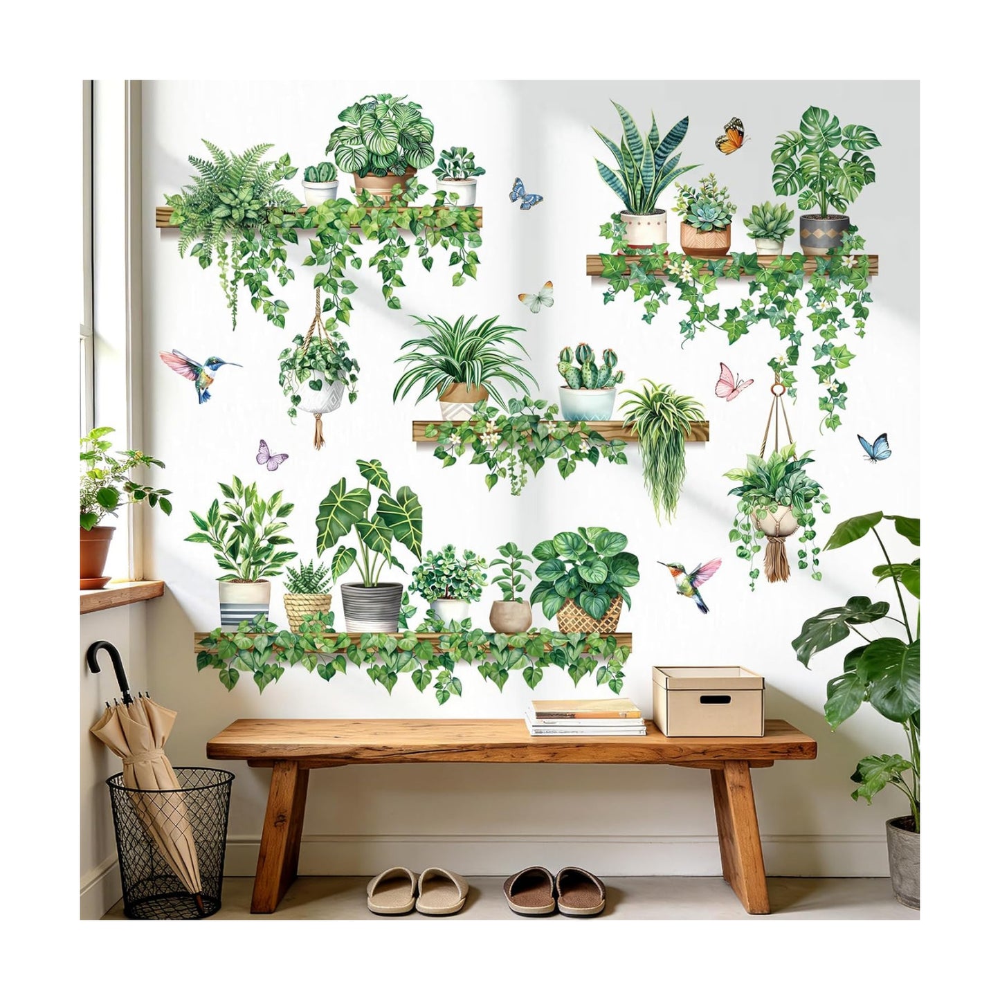 Pot Plants Wall Stickers Tropical Leaf Hanging Vines Leaves Bird Wall Decals Living Room Tv / Green