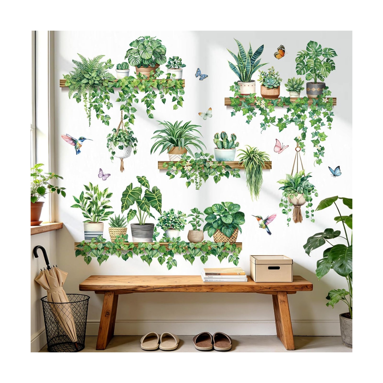Pot Plants Wall Stickers Tropical Leaf Hanging Vines Leaves Bird Wall Decals Living Room Tv / Green
