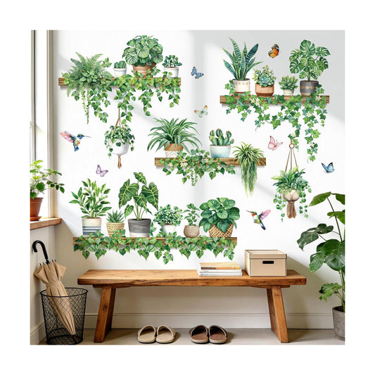 Pot Plants Wall Stickers Tropical Leaf Hanging Vines Leaves Bird Wall Decals Living Room Tv / Green