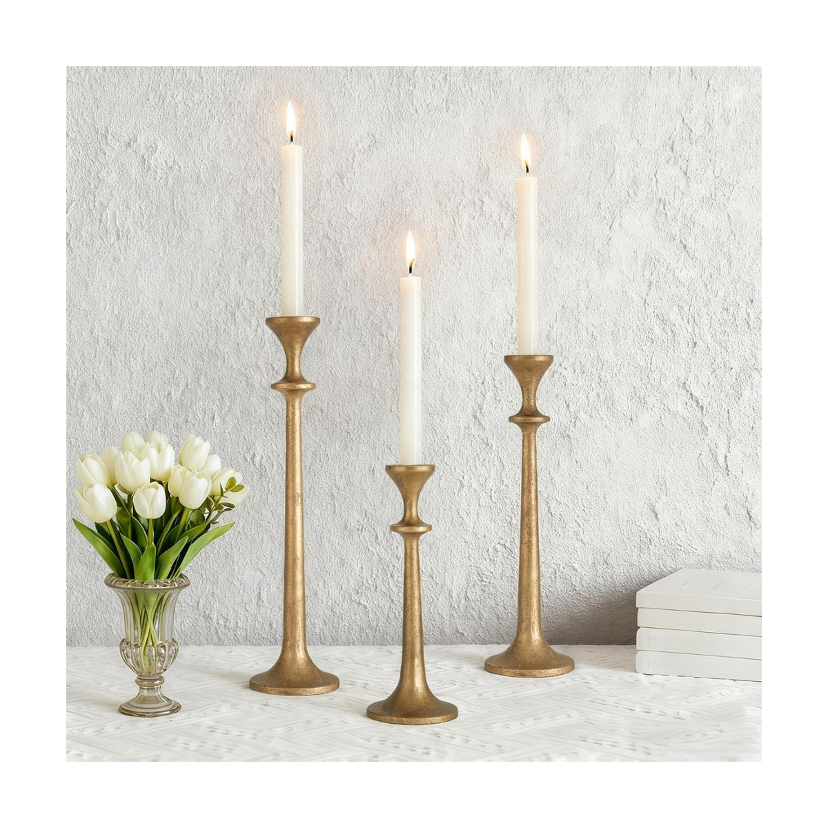 Gold Taper Candle Holders Set of 3 Heavy Cast Iron Antique Brass Candlestick Holder for Table Centerpiece Vintage