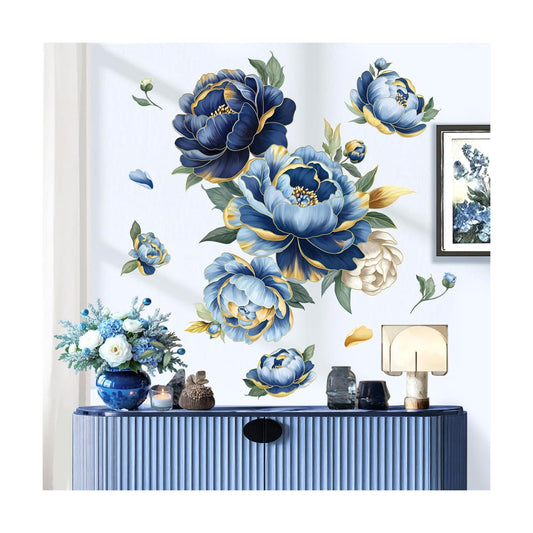 Large Flower Wall Stickers Gold Leaves Penoy Floral Wall Decals Bedroom Living Room Sofa TV / Blue