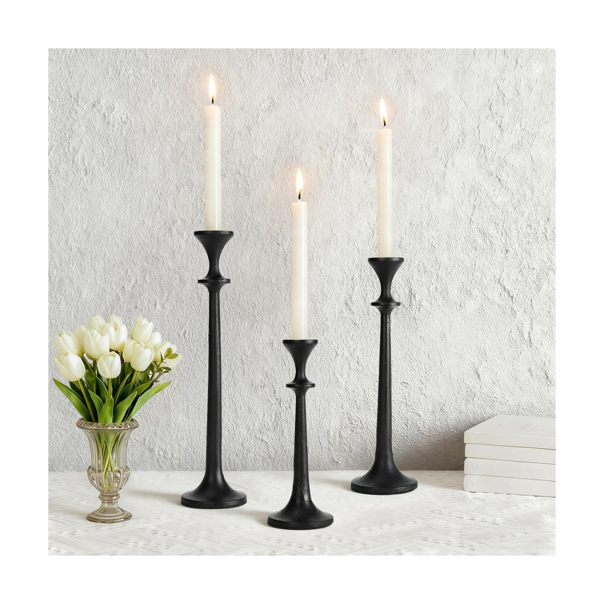 Black Taper Candle Holders Set of 3 Heavy Cast Iron Black Candlestick Holder for Table Centerpiece Modern Decorative