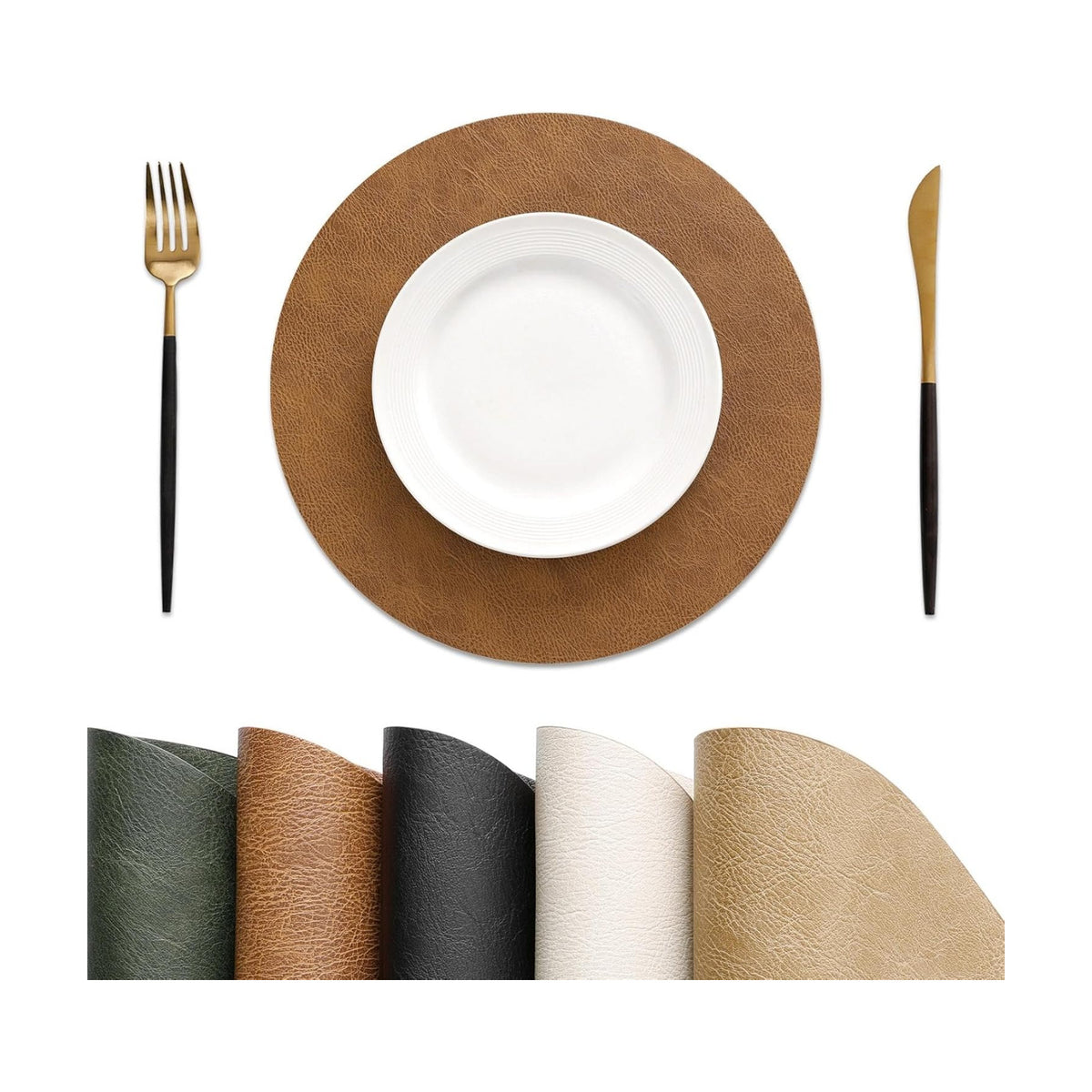 MOSAYT 13 Inch Round Vinyl Placemats Set of 8 - Faux Leather 100% Waterproof Oil-Proof Wipeable PU Place Mats, Heat