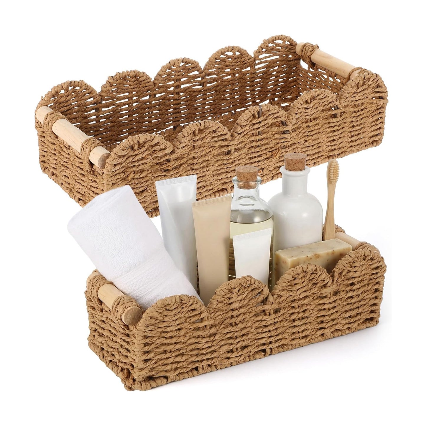 Scalloped Edge Paper Rope Wicker Basket for Over Toilet Tank Top / Beige / Set of 2