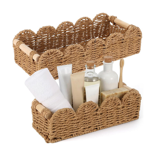 Scalloped Edge Paper Rope Wicker Basket for Over Toilet Tank Top / Beige / Set of 2
