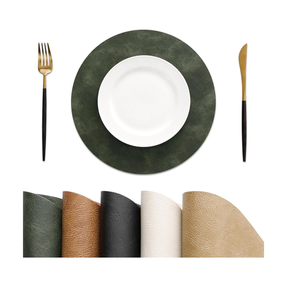 MOSAYT 13 Inch Round Vinyl Placemats Set of 8 - Faux Leather 100% Waterproof Oil-Proof Wipeable PU Place Mats, Heat