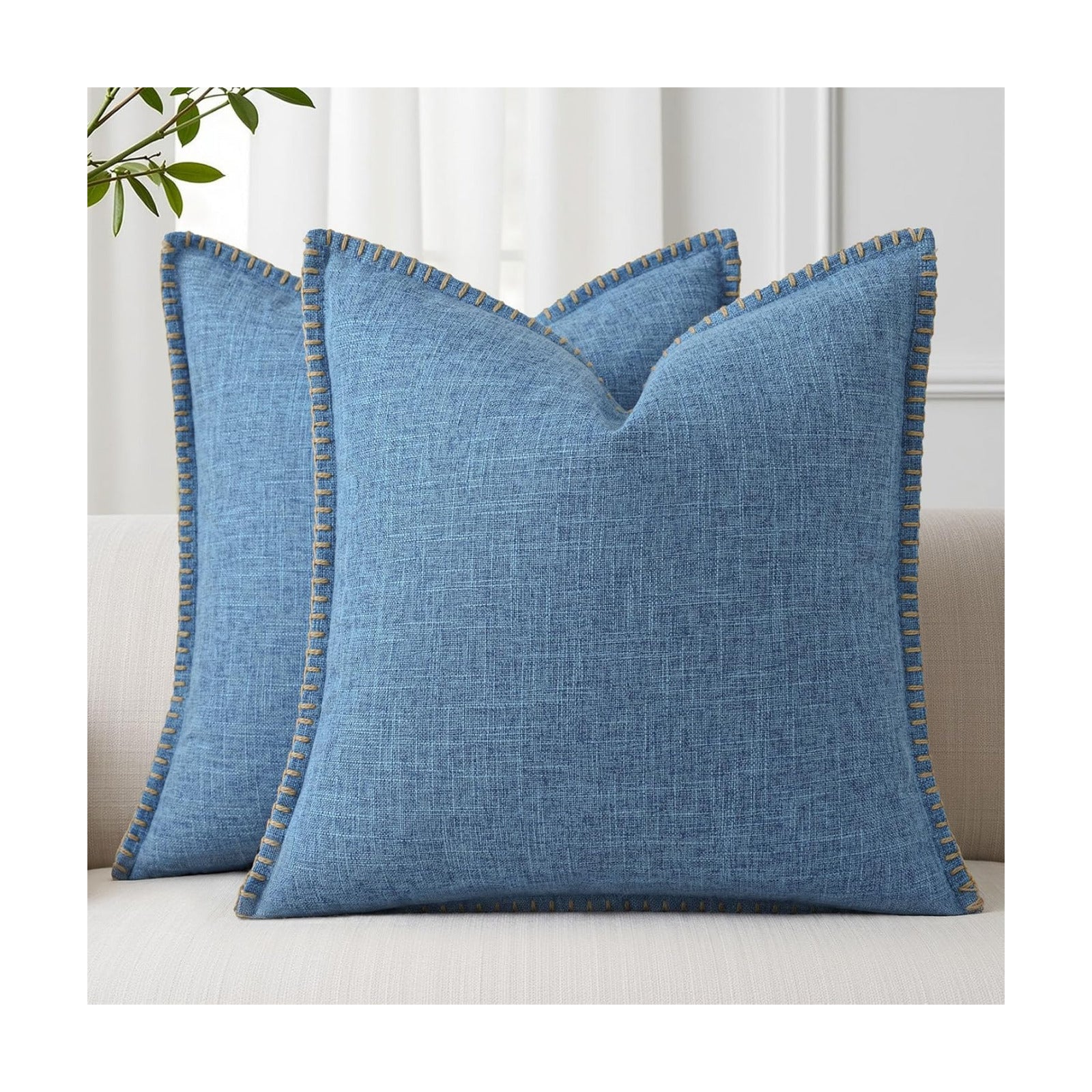 Fall Decorative Throw Pillow Covers Square Faux Linen Farmhouse Pillow / Blue / 18 x 18 / Set of 2