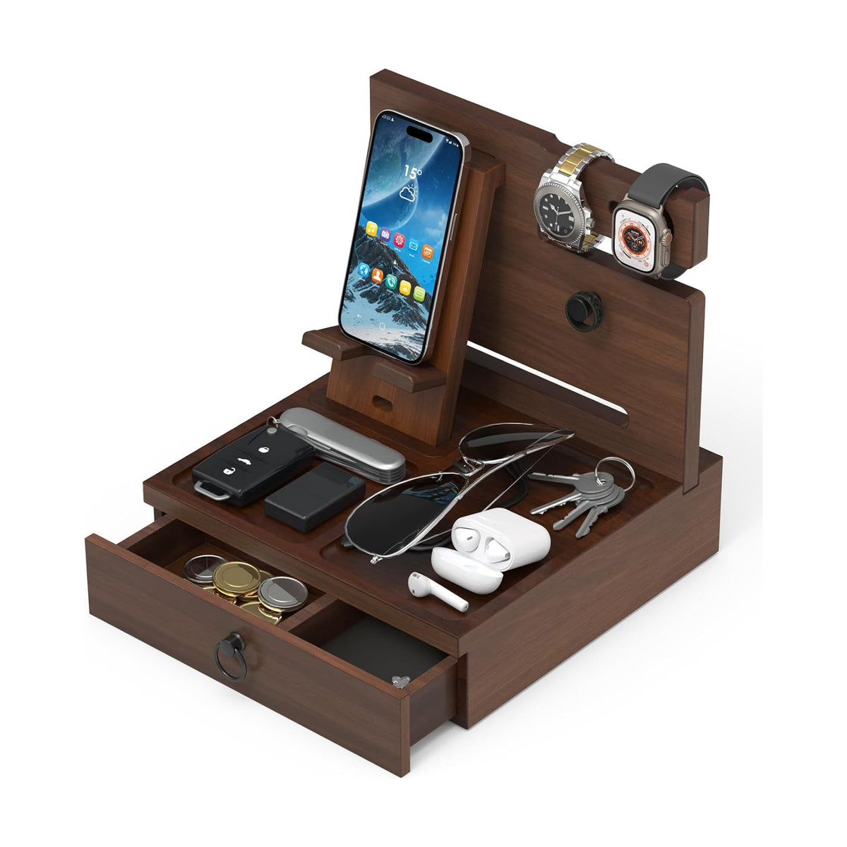 Wood Phone Docking Station, Nightstand Organizer with Drawer | Bedside Table Organizer for Watch & Accessories