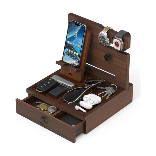 Wood Phone Docking Station, Nightstand Organizer with Drawer | Bedside Table Organizer for Watch & Accessories