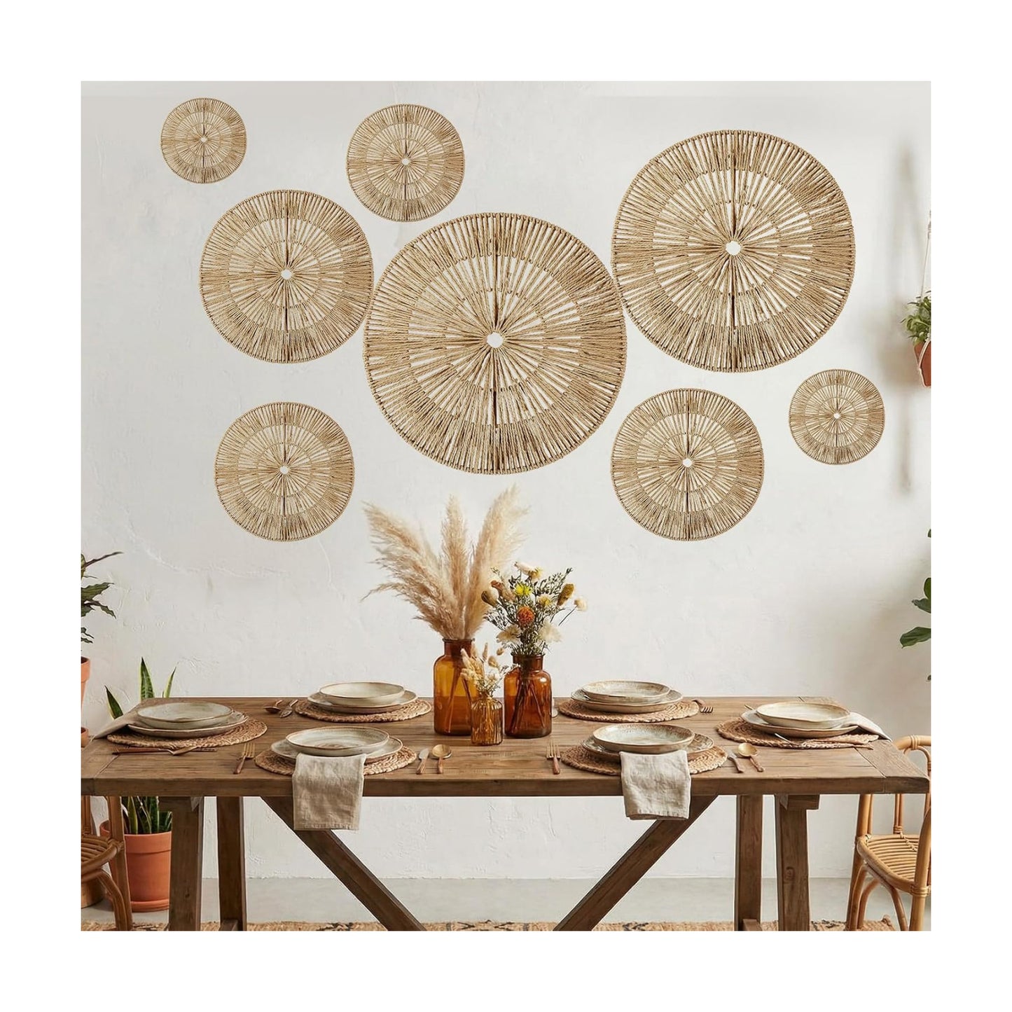 Boho Wall Baskets Decor Large Hanging Woven Wicker Wall Art 23 / Set of 8