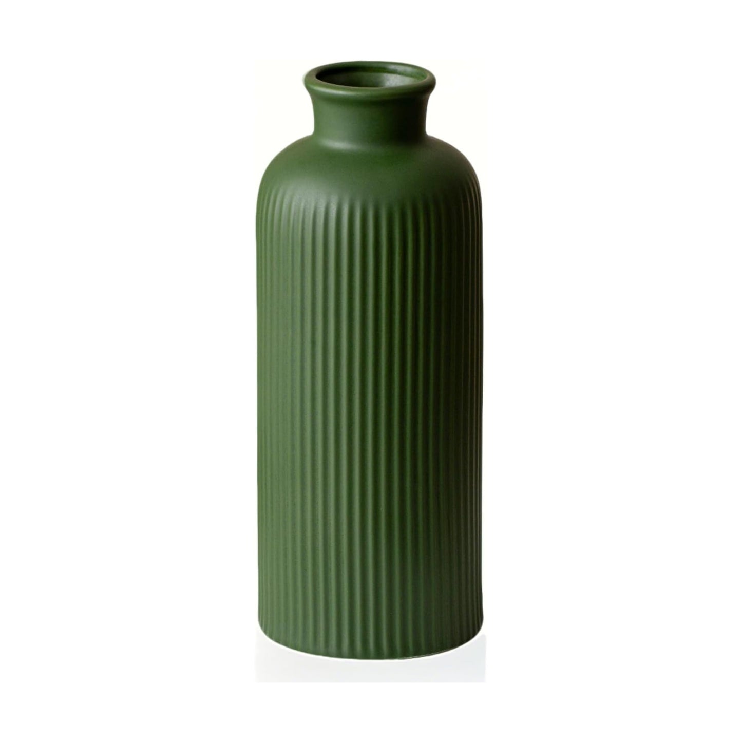 Ribbed Ceramic Vase for Flowers / Green / 10 Inch