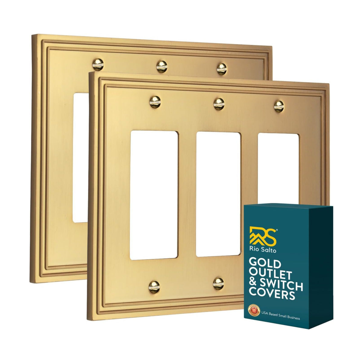 Rio Salto Gold 3 Light Switch Cover Plate Triple Rocker Decorator Paddle GFCI Decorative Gold Metal Wall Plates —