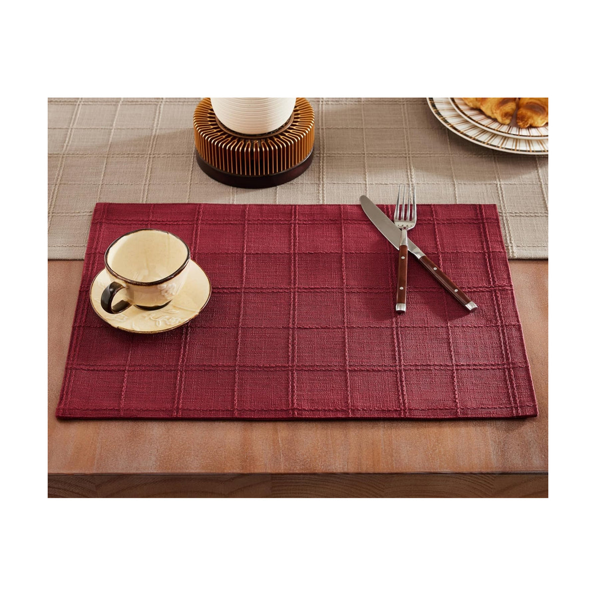 Linen Checked Farmhouse Placemats Set of 6, Burgundy 13x19in | Double Layer, Reversible, Thick Textured Table Mats