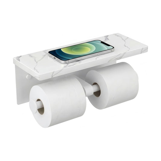FORIOUS Double Marble Toilet Paper Holder with Phone Shelf, Commercial | White, Wall Mount 304 Stainless Steel Bathroom