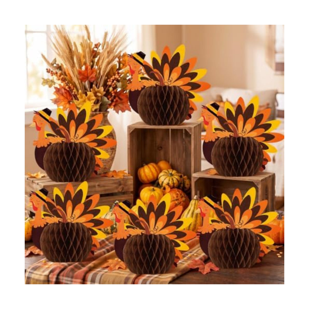 Fourluoo 12 Pcs Fall Thanksgiving Table Decor Turkey Honeycomb Centerpiece
