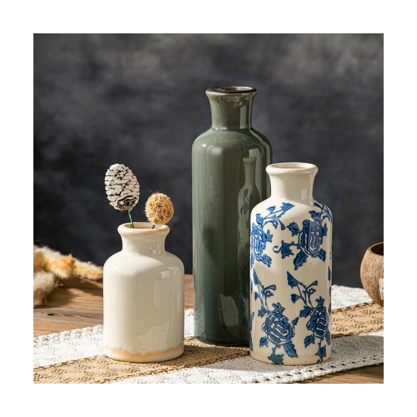 Rustic Ceramic Vase / Blue-2 / Set of 3