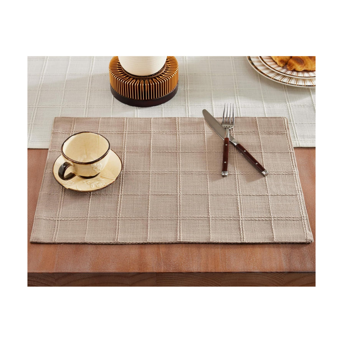Linen Checked Farmhouse Placemats Set of 6, Taupe 13x19in | Double Layer, Reversible, Thick Textured Table Mats, Raised