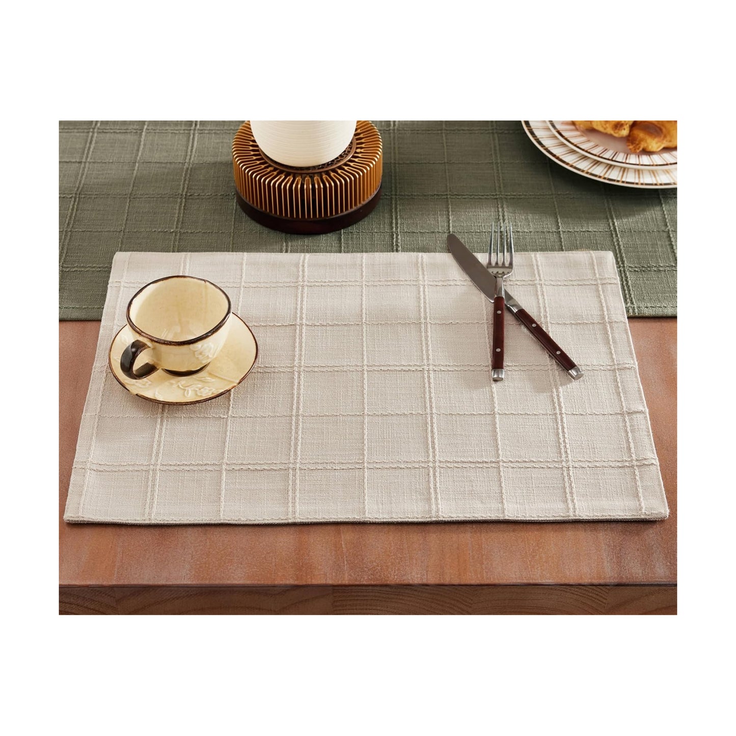 Linen Checked Farmhouse Placemats Set of 6, Neutral Beige 13x19in | Double Layer, Reversible, Thick Textured Table