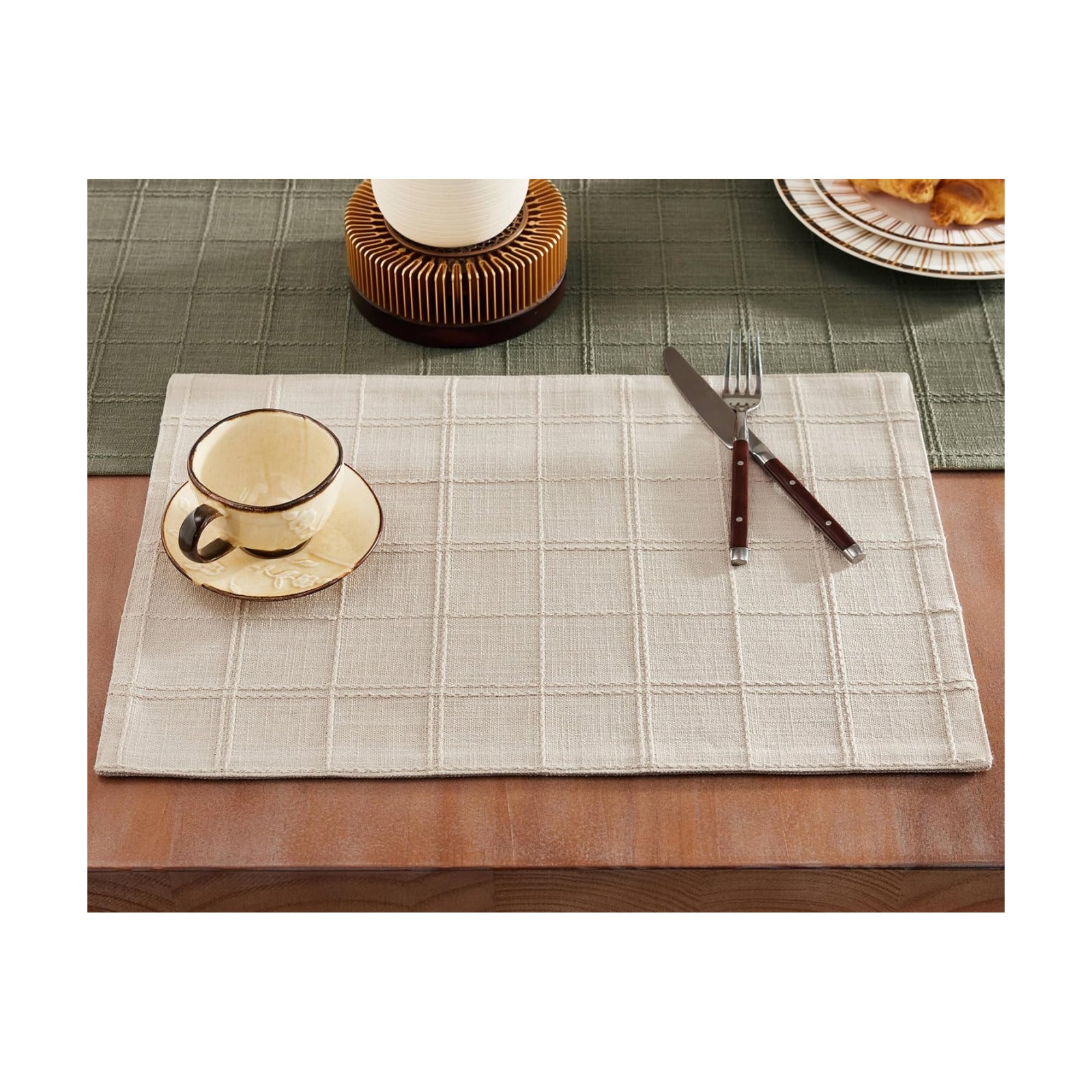 Linen Checked Farmhouse Placemats Set of 6, Neutral Beige 13x19in | Double Layer, Reversible, Thick Textured Table