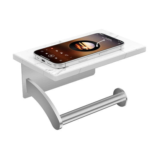 FORIOUS Toilet Paper Holder with Shelf, Natural Marble, Commercial | Brushed Nickel, Wall Mount 304 Stainless Steel