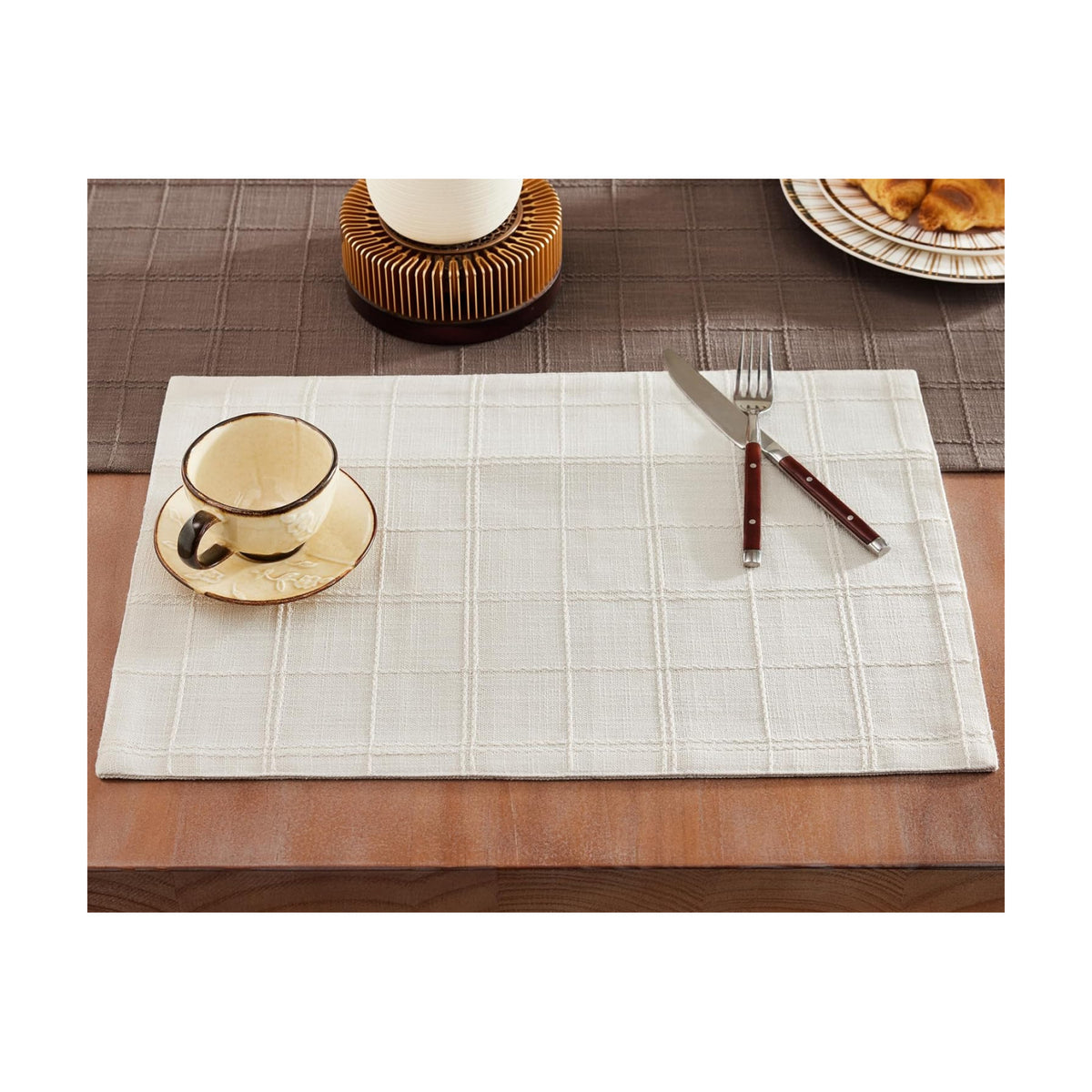 Linen Checked Farmhouse Placemats Set of 4, Ivory 13x19in | Double Layer, Reversible, Thick Textured Table Mats, Raised