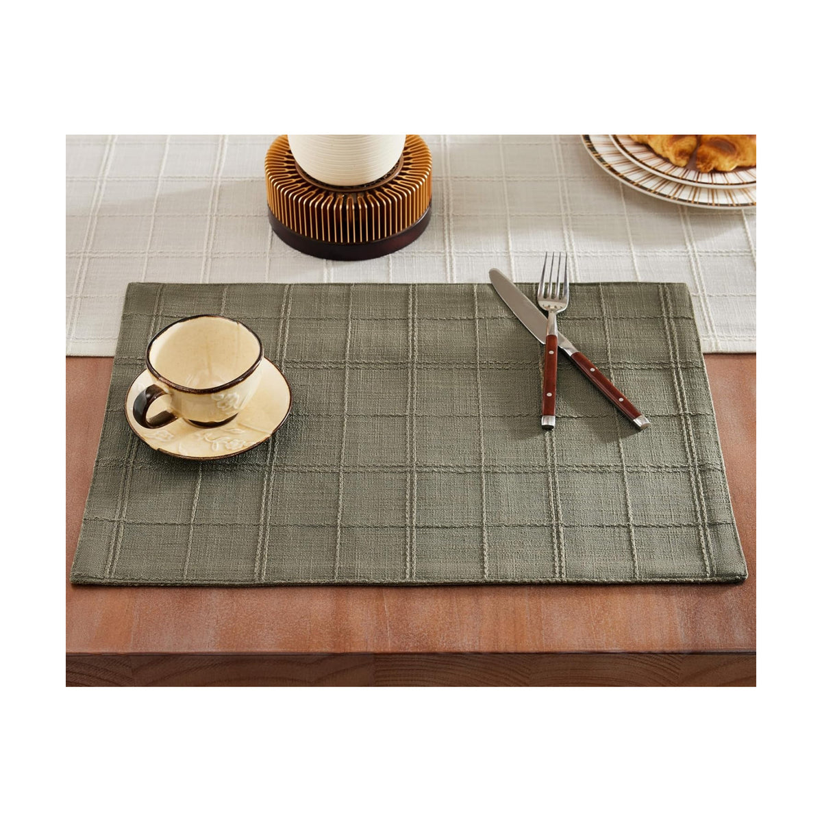 Linen Checked Farmhouse Placemats Set of 6, Olive 13x19in | Double Layer, Reversible, Thick Textured Table Mats, Raised