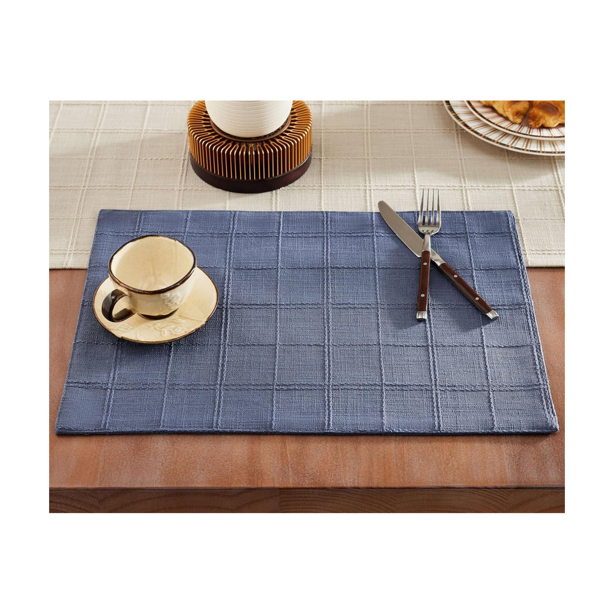 Linen Checked Farmhouse Placemats Set of 6, Blue 13x19in | Double Layer, Reversible, Thick Textured Table Mats, Raised