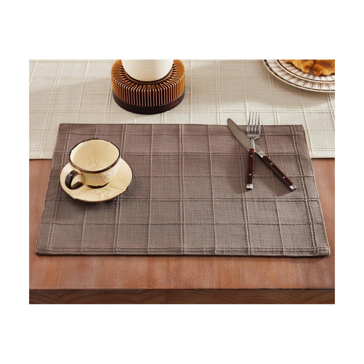 Linen Checked Farmhouse Placemats Set of 4, Cocoa Brown 13x19in | Double Layer, Reversible, Thick Textured Table Mats