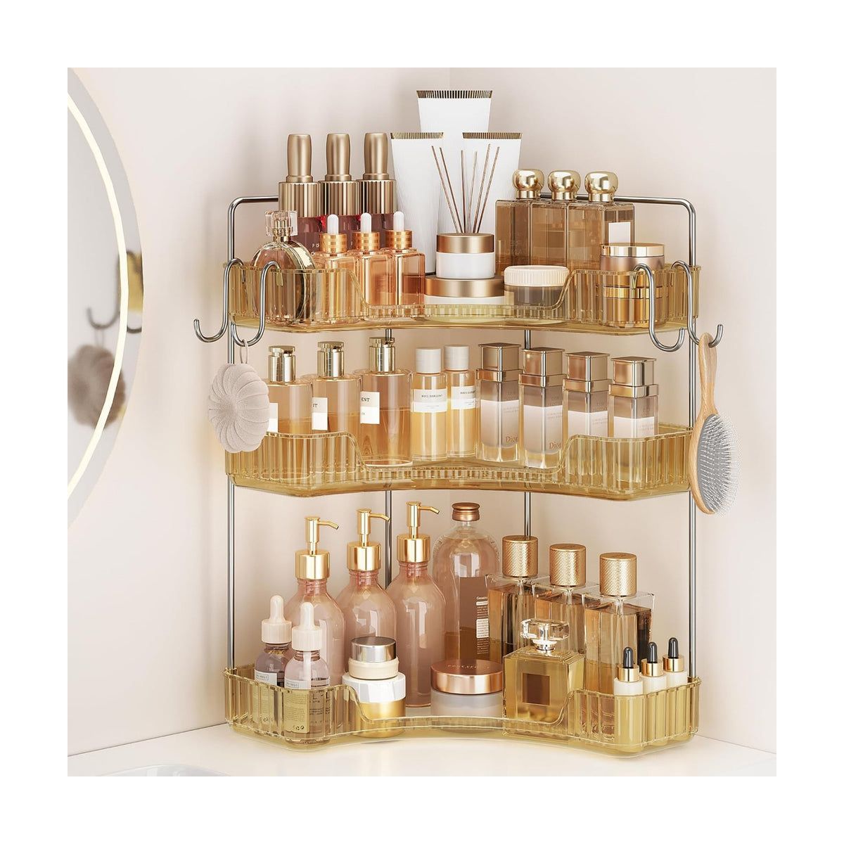3 Tiers Bathroom Corner Organizer,Bathroom & Kitchen Storage Tray | Storage Countertop with Hooks Skin Care Exquisite