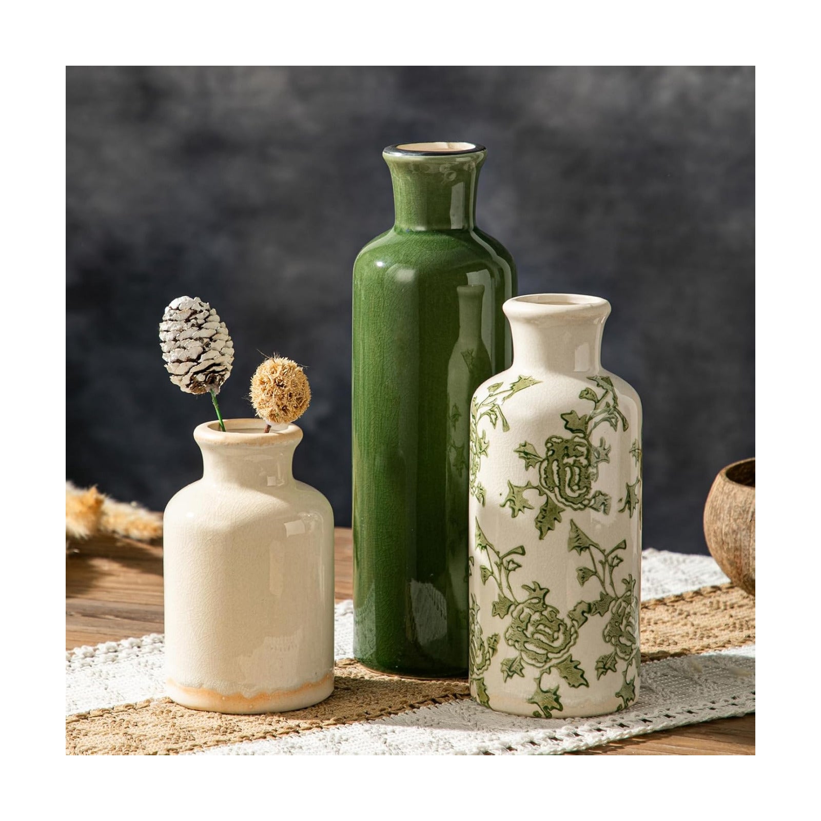 Rustic Ceramic Vase / Green-2 / Set of 3