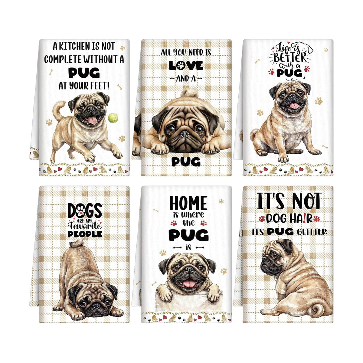 Redbaker 6 Pcs Pug Kitchen Towels Puppy Dish Towel Gifts for Pug Lovers
