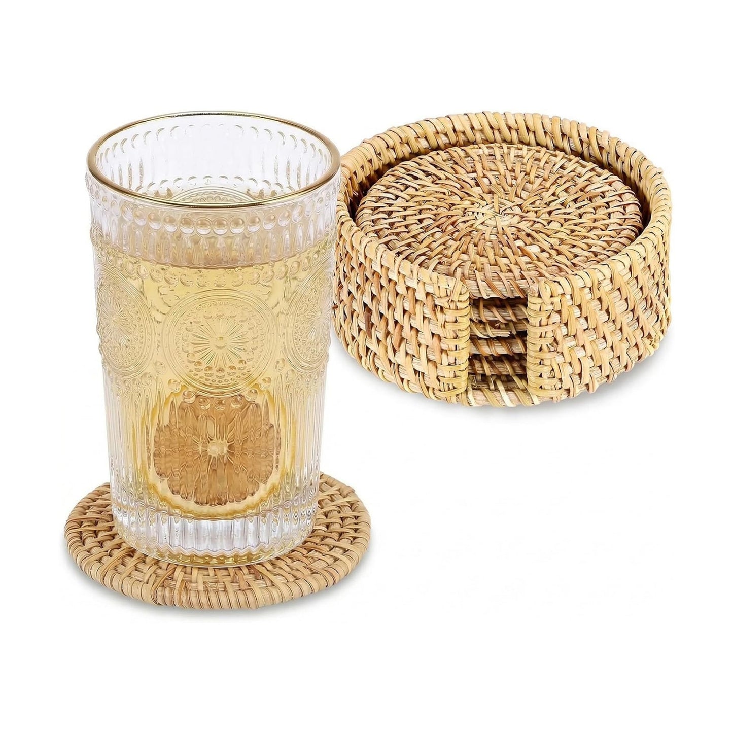 Holder / Boho Cup Coaster / Natural Rattan / Set of 6