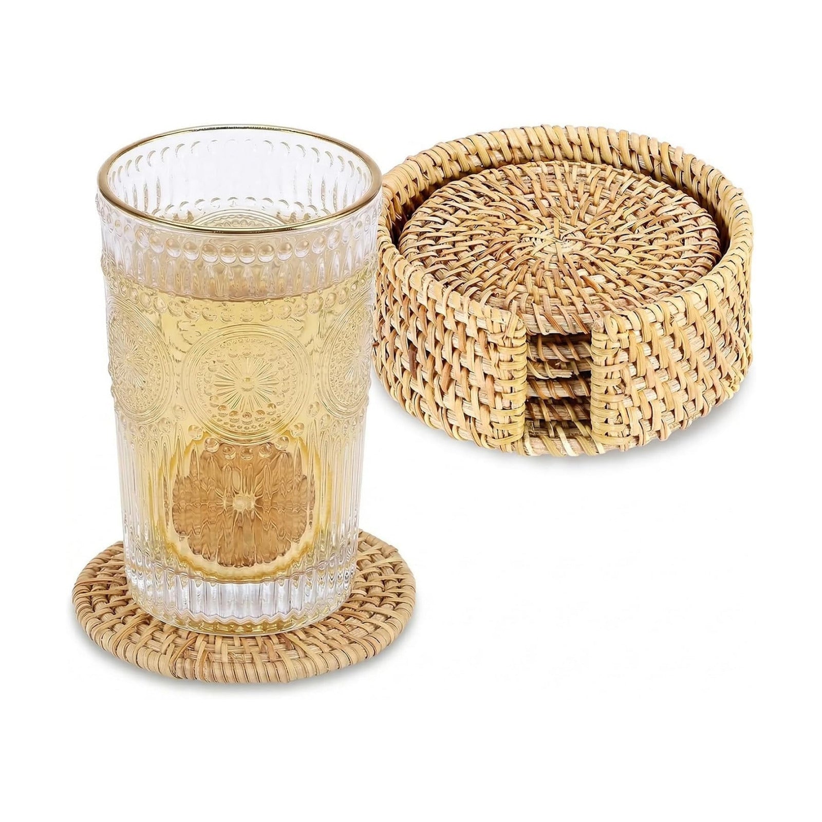 Holder / Boho Cup Coaster / Natural Rattan / Set of 6