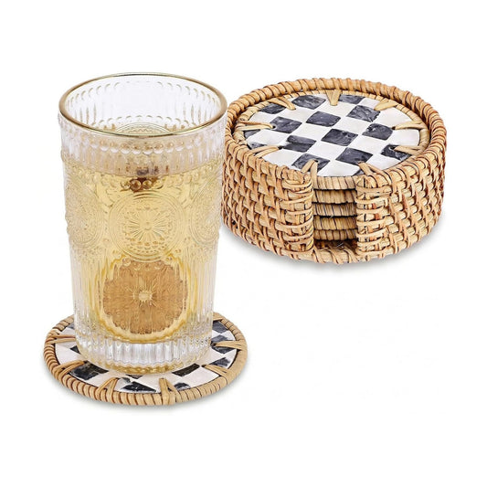 Holder / Boho Coastal Coasters / Checkered Pattern / Set of 6