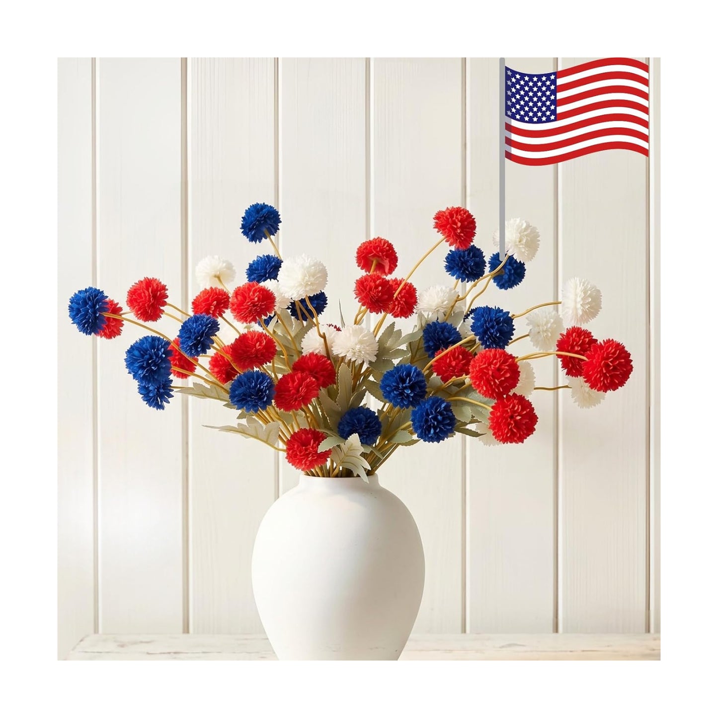 Red White and Blue Artificial Flower Arrangement 12 Stems with American Flag, 4th of July Table Decorations Centerpiece