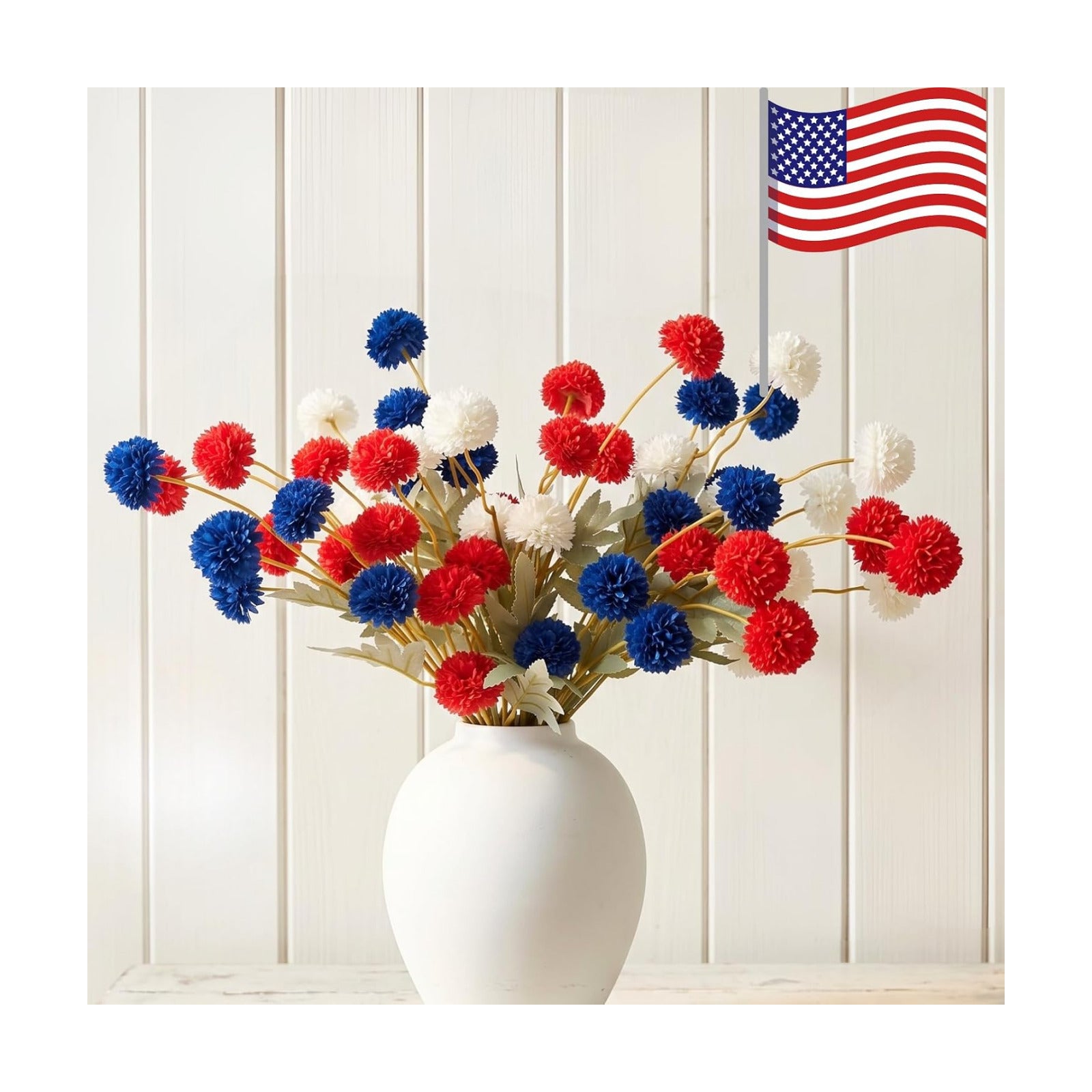 Red White and Blue Artificial Flower Arrangement 12 Stems with American Flag, 4th of July Table Decorations Centerpiece