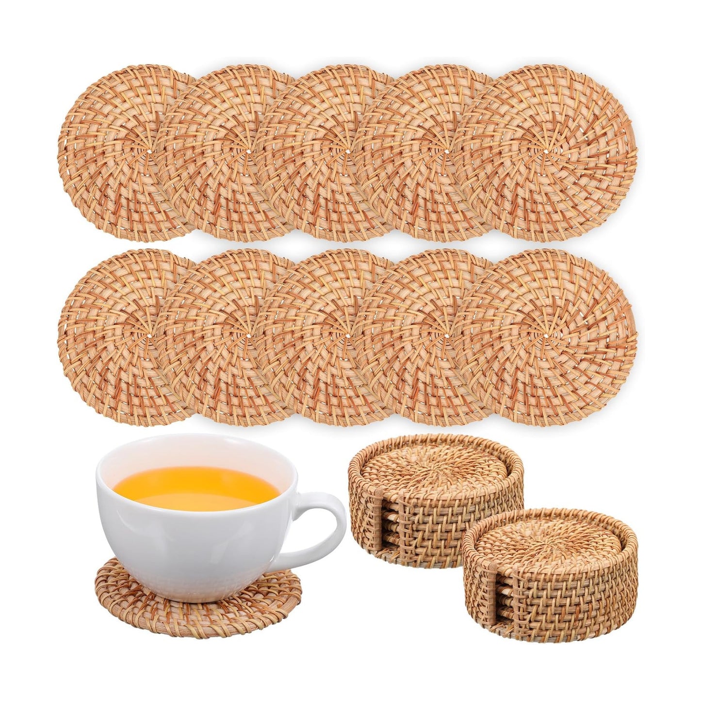 2 Holders / Rattan Coasters Set / Natural / Set of 12