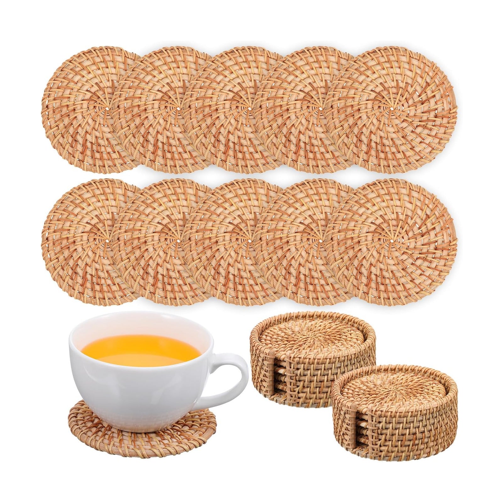 2 Holders / Rattan Coasters Set / Natural / Set of 12