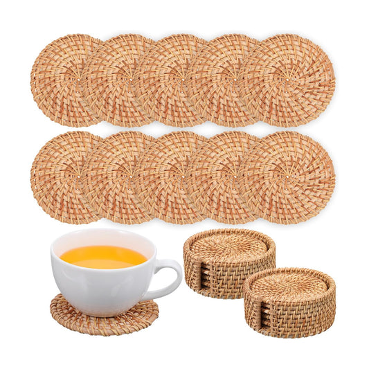 2 Holders / Rattan Coasters Set / Natural / Set of 12