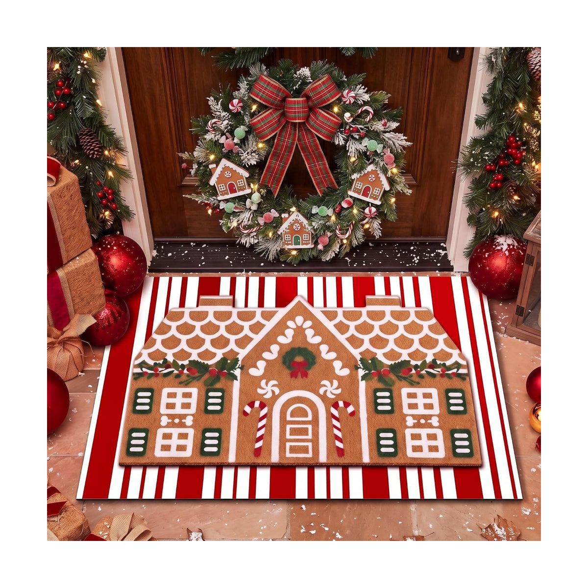 Tinideya 2 Pcs Christmas Layered Doormat Set, Gingerbread House
