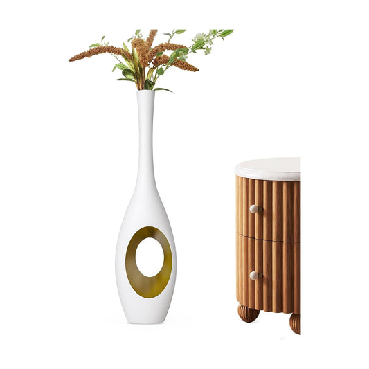Modern Oval Floor Vase / White & Gold / 23.6in