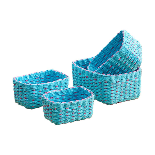 Woven Storage Baskets Set / Blue & Pink / Set of 4