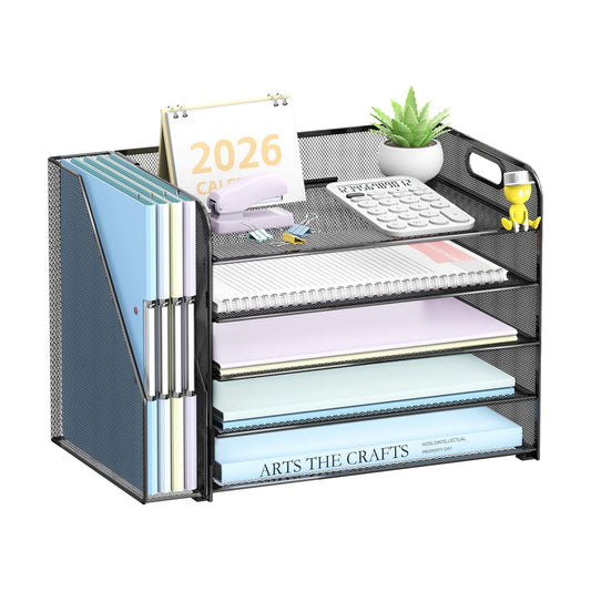 5-Tier Desk Organizer with File Holder, Paper Organizer for Desk, Black | 5 Letter Trays and Vertical File Holder with
