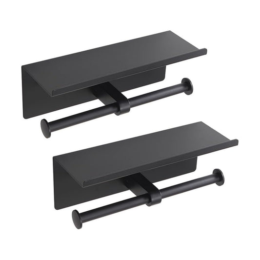 Black Toilet Paper Roll Holder with Shelf Wall Mounted for Bathroom (Black, 2 Pack)