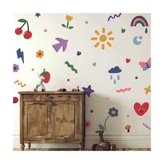 Colorful Rainbow Flowers Fabric Wall Stickers DIY Kids Fun Doodle Decals Removable / Set of 56