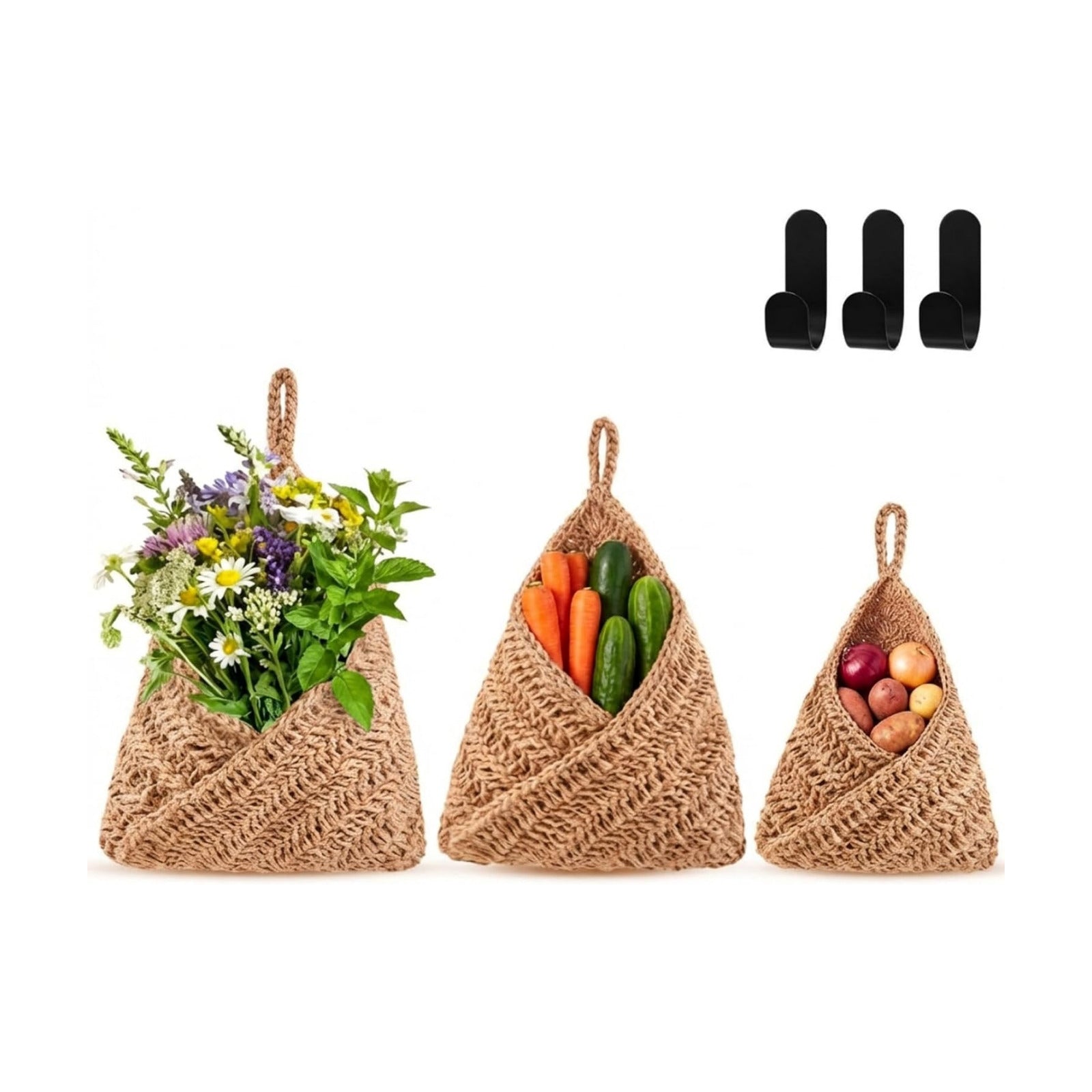 Boho Decor Hanging Wall Baskets / Linen / Jute / Triangle / Set of 3