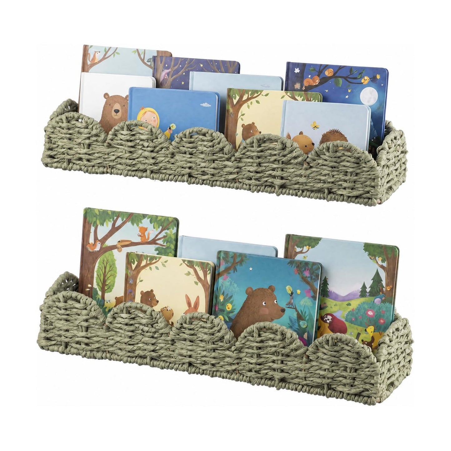 Floating Bookshelf for Kids Scalloped Handwoven Rattan Floating Nursery Book / Sage Green / Set of 2