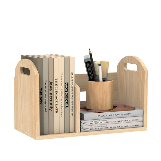 Wood Desktop Bookshelf, Upright Tabletop Book Shelf With Adjustable Divider Secure Books in Place, Desk Shelf for Top