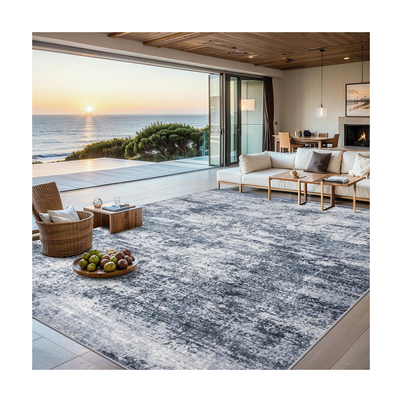 PLHXFR 8x10 Area Rug Living Room: Abstract Washable Carpet Grey Blue